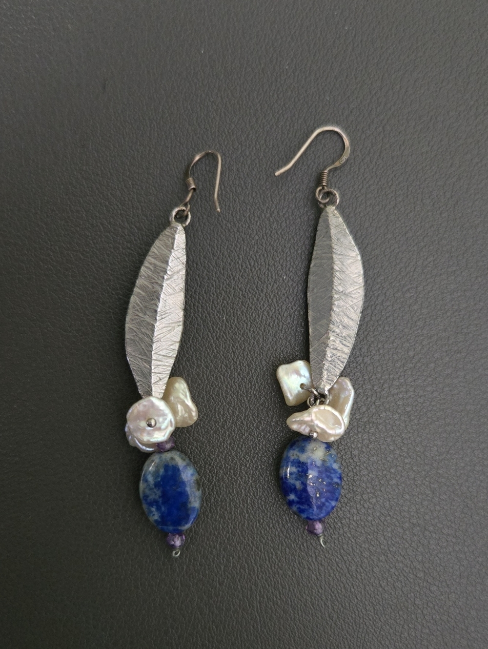 925 Handcrafted Silver Leaf Drop Earrings with Blue Stone and Pearl Accents